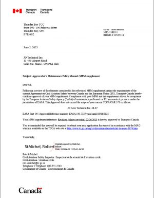 Transport Canada Approval Letter EASA